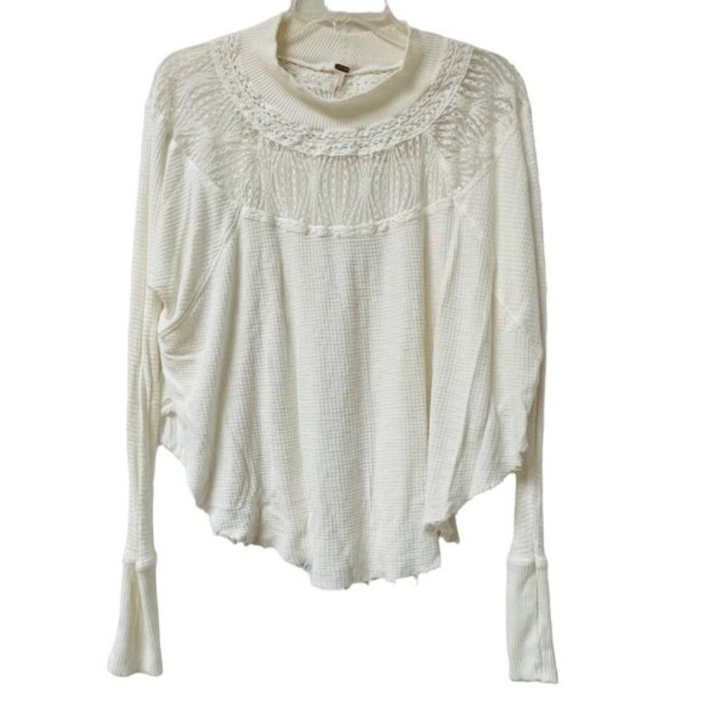 Free People Lace Inset Blouse Womens XS Oversized Boho Waffle Knit Fairy Whimsy